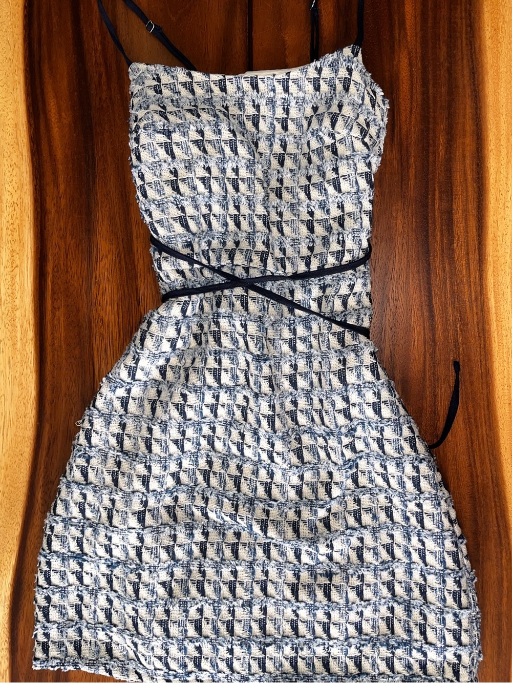 Navy and White Tweed Mini Dress with Adjustable Wrap Straps